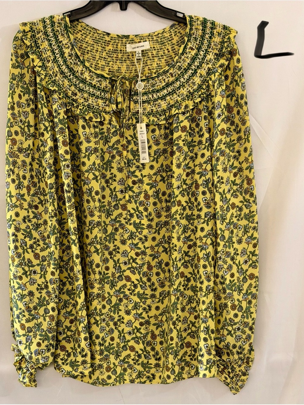 Max Studio Yellow Floral Smocked Yoke Long Sleeve Blouse